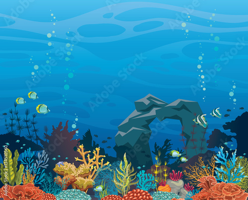 Fototapeta Naklejka Na Ścianę i Meble -  Coral reef with fish and arch. Underwater sea.