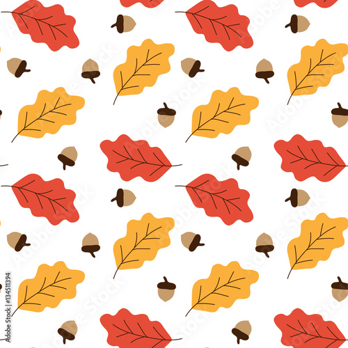 yellow and red oak leaves and acorns autumn pattern seamless vec