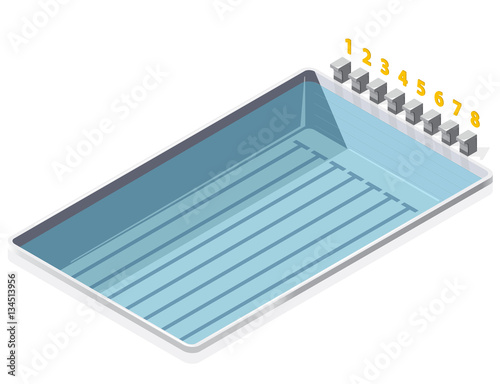 Swimming pool isometric on white background. With numbers starting positions of the starting blocks.Illustration for sport article. Pictogram element 3d set. Flatten isolated master vector.