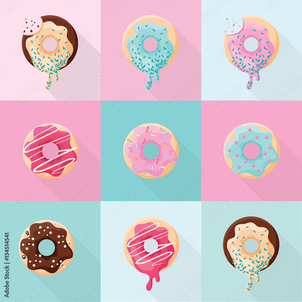 Set of different sweet cute and bright donuts icons isolated on pink anad blue background. Flat design dessert Set of different sweet cute and bright donuts icons isolated on pink anad blue background. Flat design dessert
