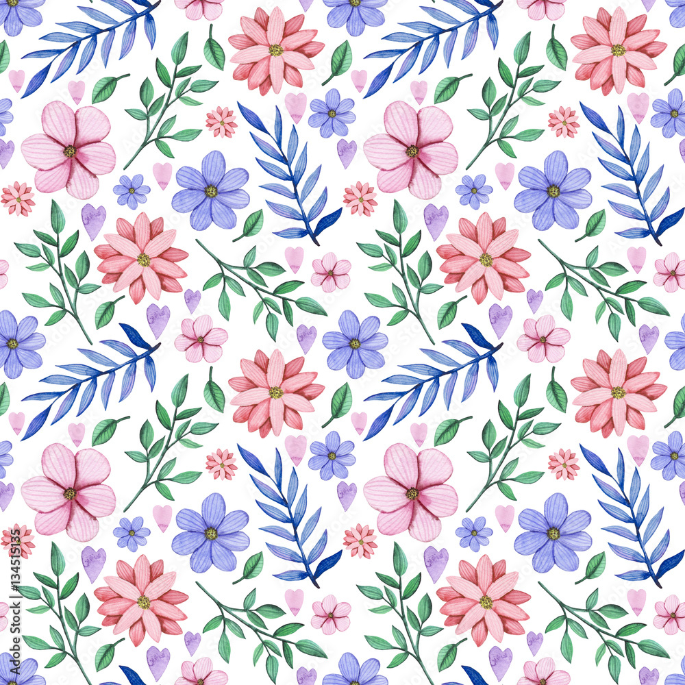 Seamless Pattern of Watercolor Red and Blue Flowers