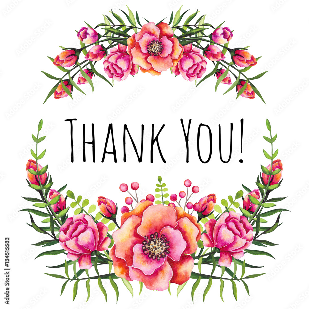 Wreath with Watercolor Flowers and Words Thank You Stock-Illustration ...