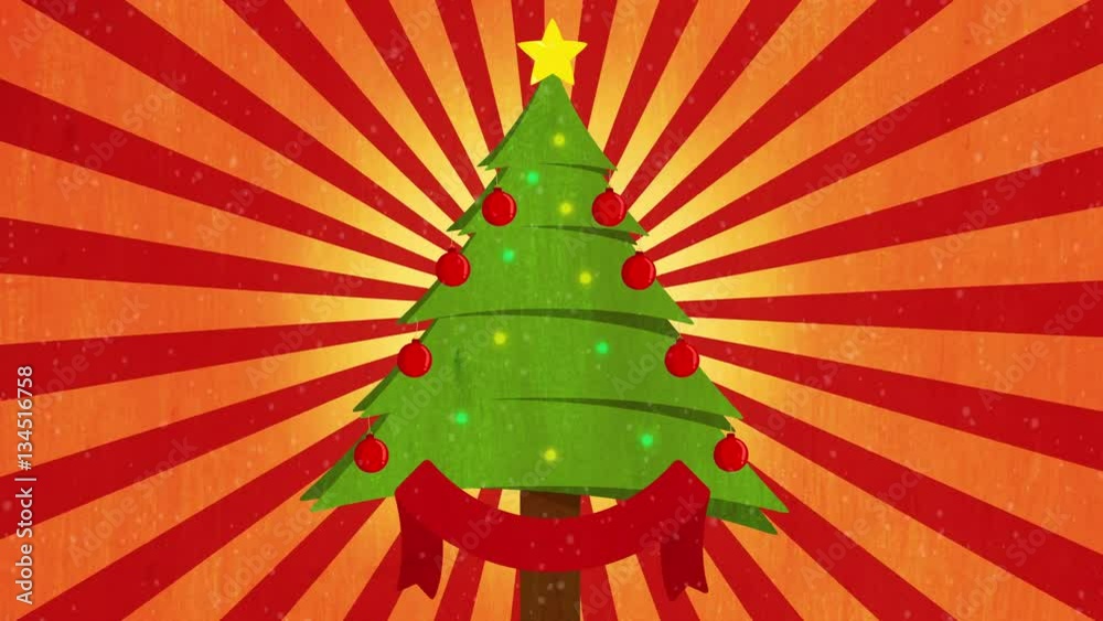 cute cartoon christmas tree over red background with sunburst rotation. Christmas Background with space for your logo or text. christmas and new year greeting card animation.
