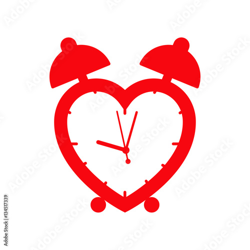 Icono plano despertador corazon rojo en fondo blanco