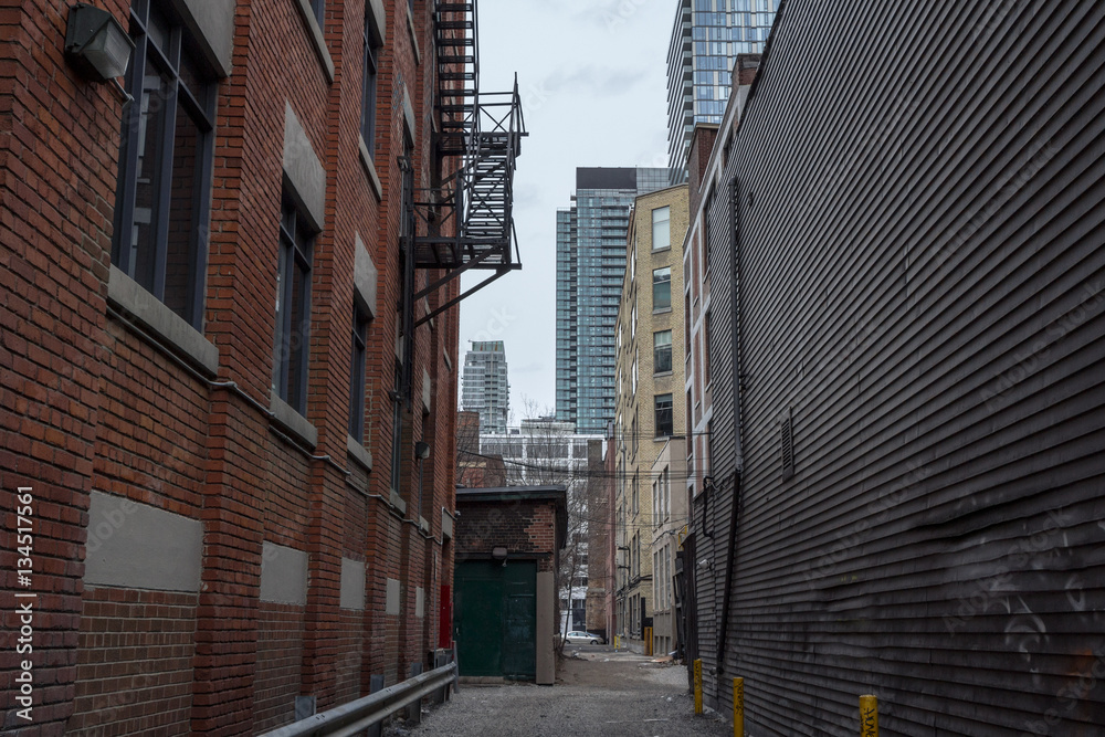 Obraz premium Picture of a dilapidated impasse street with the skyscraper skyline of Toronto in the background