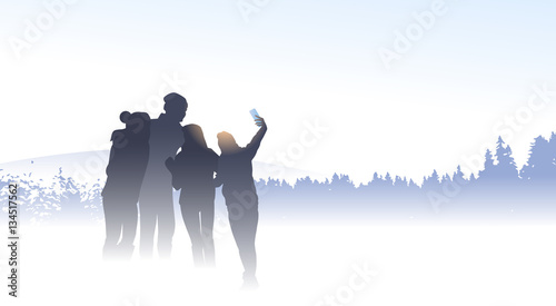 People Group Traveler Silhouette Friends Taking Selfie Photo Mountain Winter Forest Nature Background Vector Illustration
