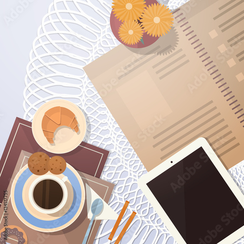 Break Coffee Cup Cake Table Top Angle View Banner Flat Vector Illustration