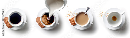 Sequence of coffee with milk with spoon and biscuit over a white backgroud