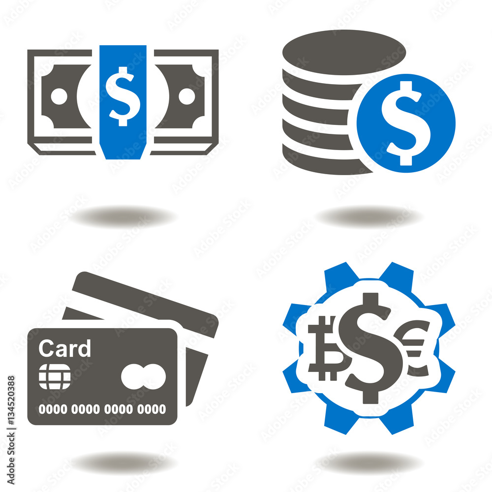 Banking finance business vector icon set. Dollar cash, coins, gear currency eur bitcoin dollar, debit card illustration. Financial service web computer symbol concept Banking finance business vector icon set. Dollar cash, coins, gear currency eur bitcoin dollar, debit card illustration. Financial service web computer symbol concept