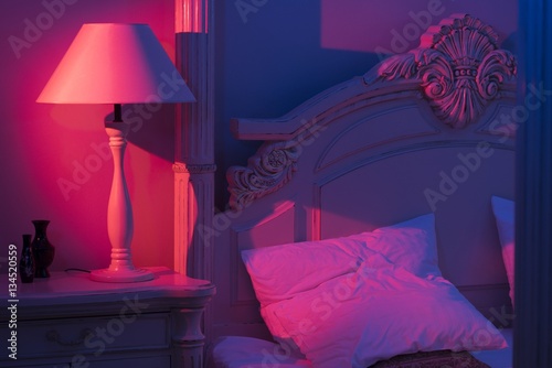 Obraz na plátně Luxurious minimalistic art décor Bedroom with royal bed, pink and blue light wit