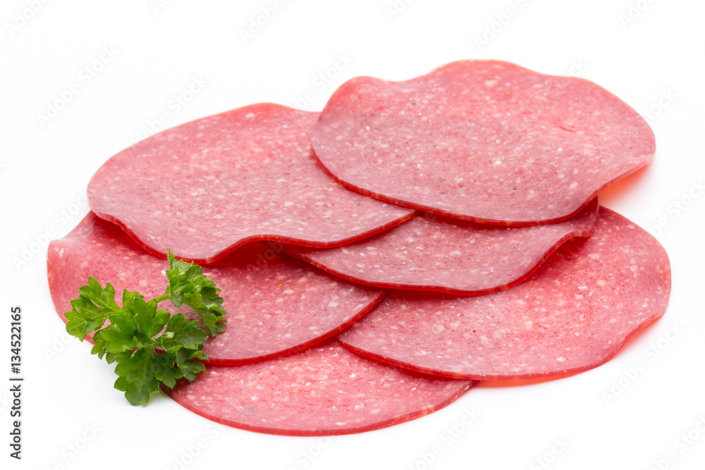 Salami smoked sausage one slice isolated on white background cut