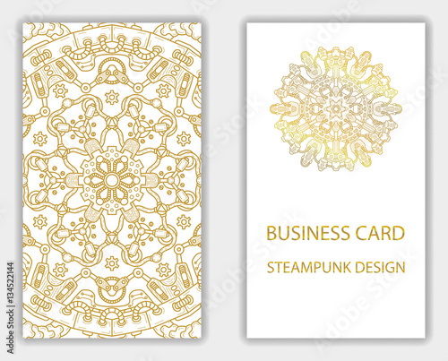 Business card with steampunk abstract design elements. Steam mechanic elements. Steampunk business card abstract design flyer. Vector illustration.