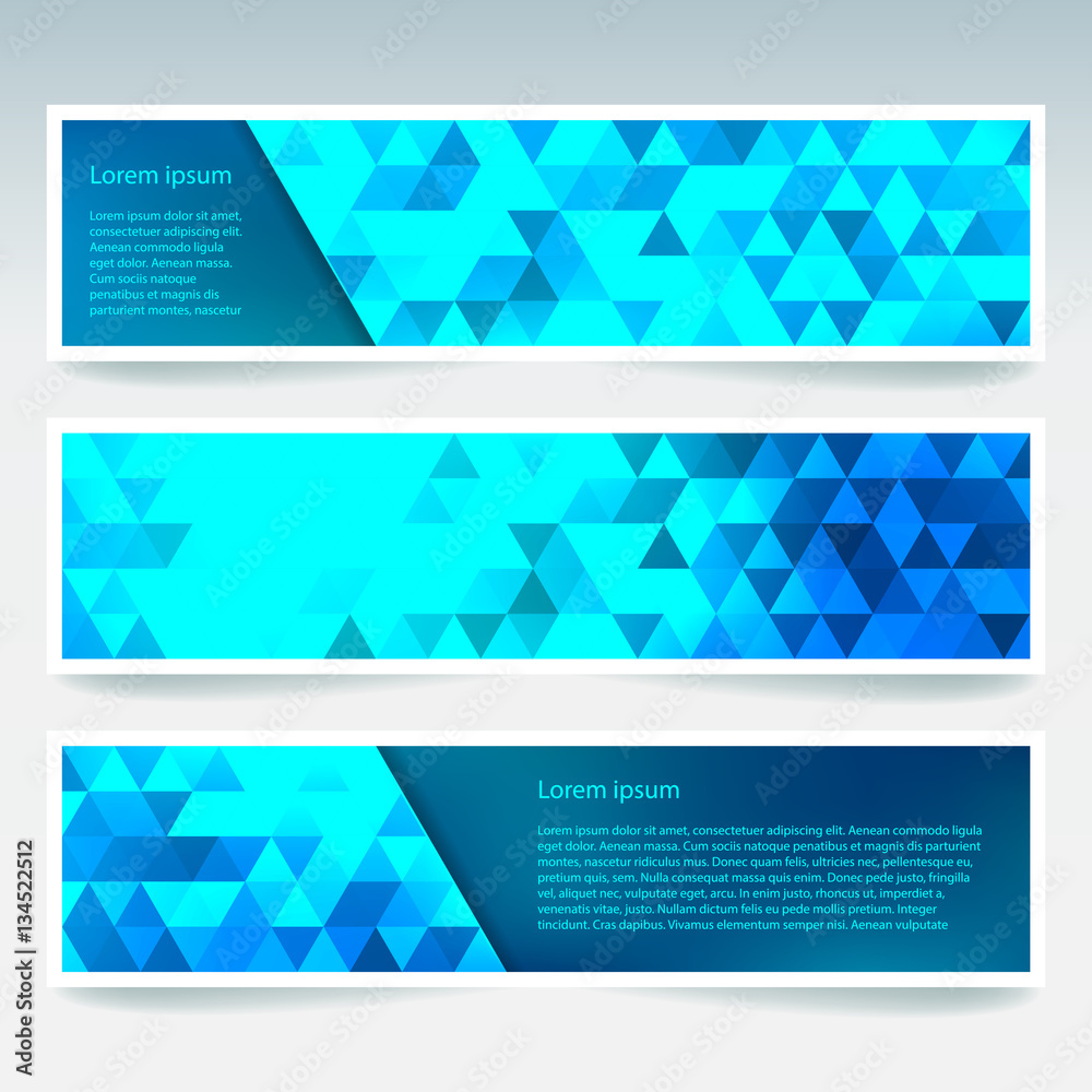Vector banners set with blue polygonal abstract triangles. Abstract polygonal low poly banners.