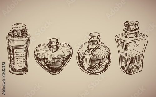 Vector seamless pattern with glass flasks. Magic potions: tubes and bottles. Ink on aged paper. Titled illustration. Science lab doodle style sketch, Magical elements. Alchemy and vintage science.