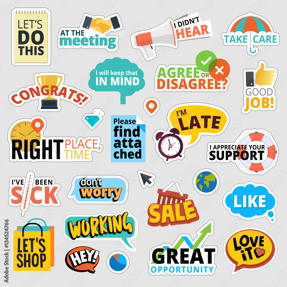 Set of flat design business stickers. Isolated vector illustrations for business communication, social network, social media, web design, business presentation, marketing material.