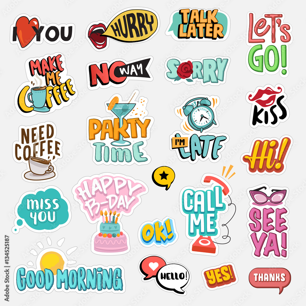 Set of flat design social network stickers. Isolated vector illustrations for online communication, networking, social media, web design, mobile message, chat,  marketing material.
