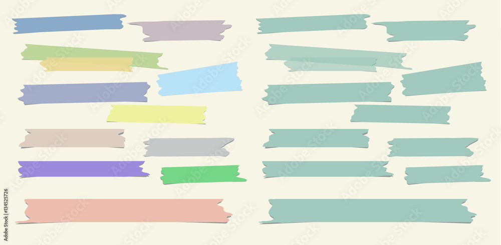 Multiple pieces of colorful and blue sticky tape in different shapes on light background Multiple pieces of colorful and blue sticky tape in different shapes on light background