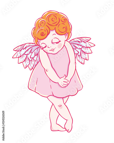 Valentine's day. Confused Cupid-girl in dress. Vector illustration
