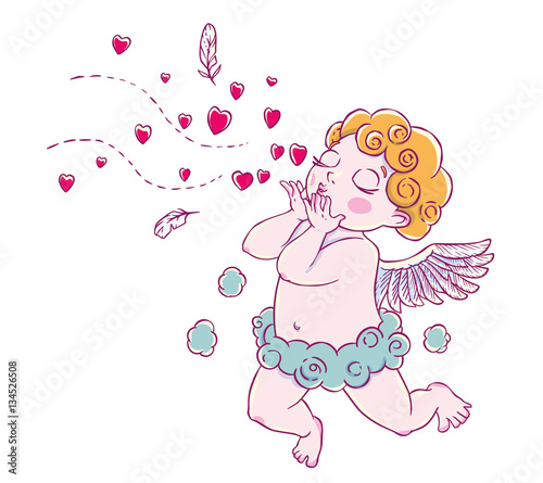Valentine's day. Cupid-boy cloud pants knelt and blowing kisses and hearts.