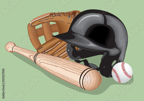 Baseball equipment: a bat,  ball and  helmet. Vector realistic illustration.