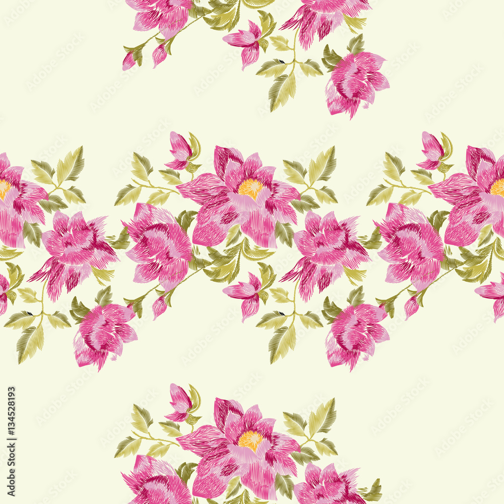 Embroidery colorful ethnic floral seamless pattern. Vector traditional folk golden-daisy flowers ornament on beige background.