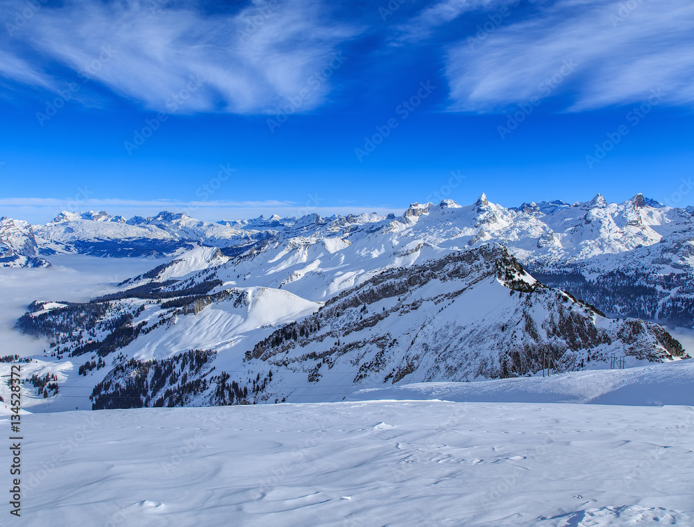 Swiss Alps, view from Mt. Fronalpstock in winter
