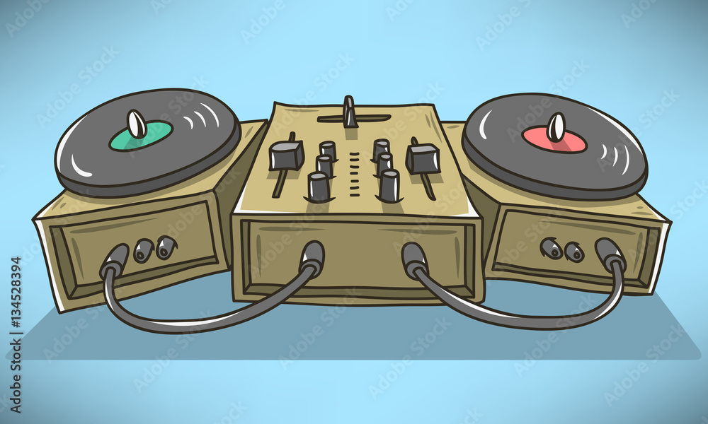 Sound Mixer And Turntables Cartoon Illustration. Vector Graphic Stock