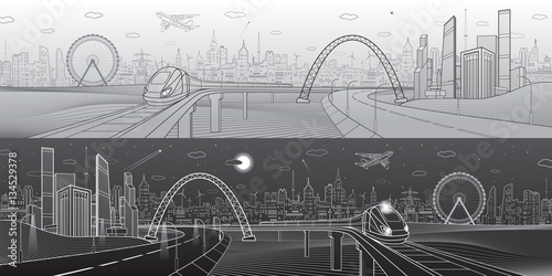 Architectural and infrastructure panorama, transport overpass, highway. Train rides on bridge. Business center, city, towers and skyscrapers, urban scene, black and white version, vector design art