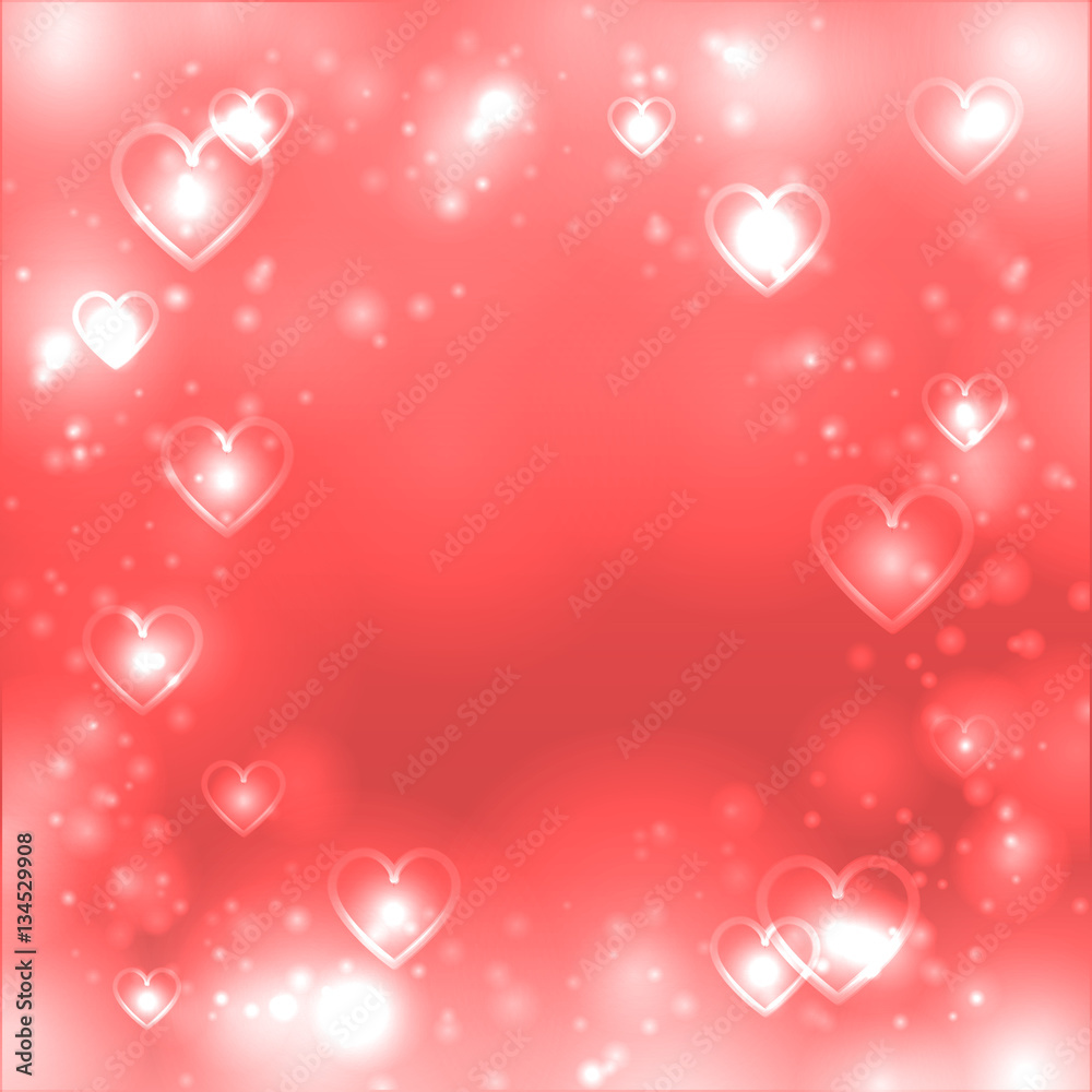 Valentines day background with hearts, love backdrop. Bright blurred shiny pink red background with space for text. All elements are isolated editing, Vector illustration