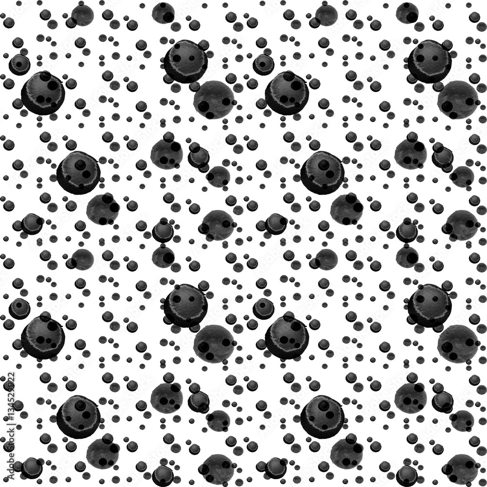 Abstract modern background with spots, blots, circles of various sizes in shades gray and black. Simple circular geometric shapes randomly distributed in space. Watercolor illustration