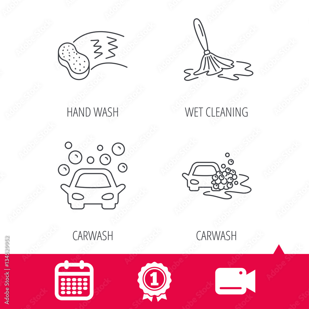 Achievement and video cam signs. Car wash icons. Automatic cleaning station linear signs. Hand wash, sponge flat line icons. Calendar icon. Vector