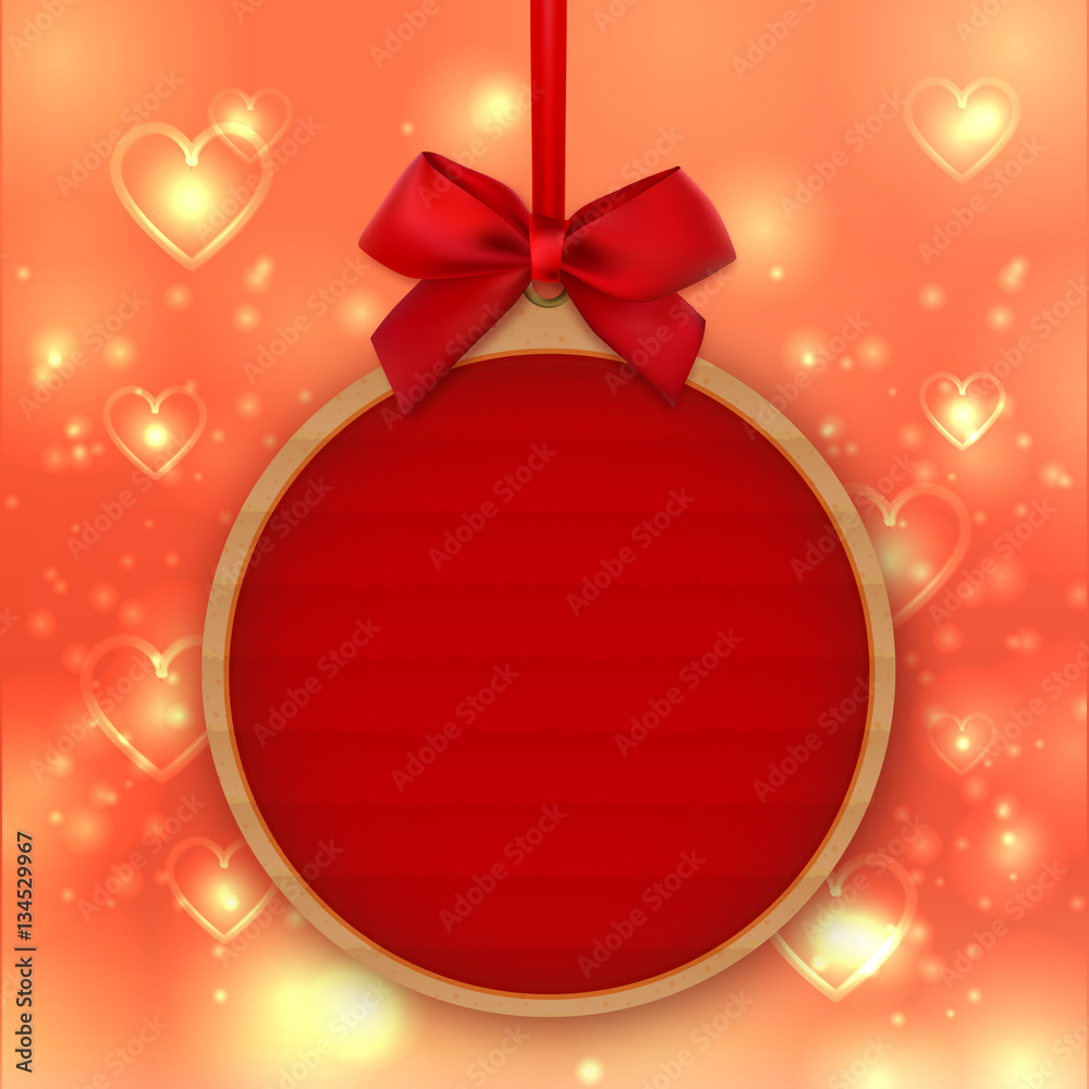Valentines Day decoration, Decorative sticker, tag, label, mockup templates, Cardboard round banner, kraft paper sticker with a red bow. Shining valentine gold background with hearts. Vector isolated