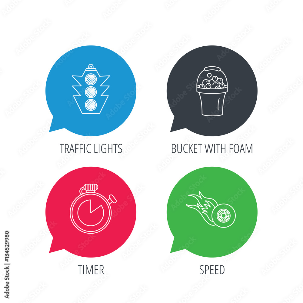 Colored speech bubbles. Race, traffic lights and speed icons. Bucket with foam, fire wheel linear signs. Flat web buttons with linear icons. Vector