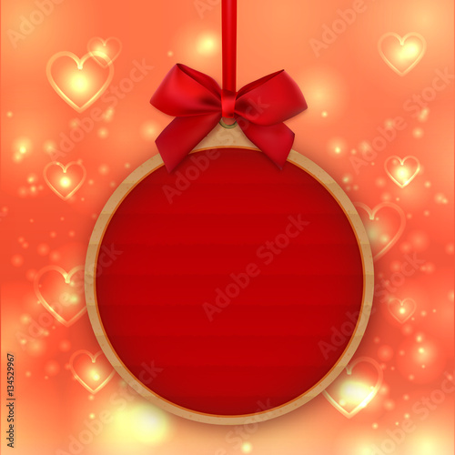 Valentines Day decoration, Decorative sticker, tag, label, mockup templates, Cardboard round banner, kraft paper sticker with a red bow. Shining valentine gold background with hearts. Vector isolated