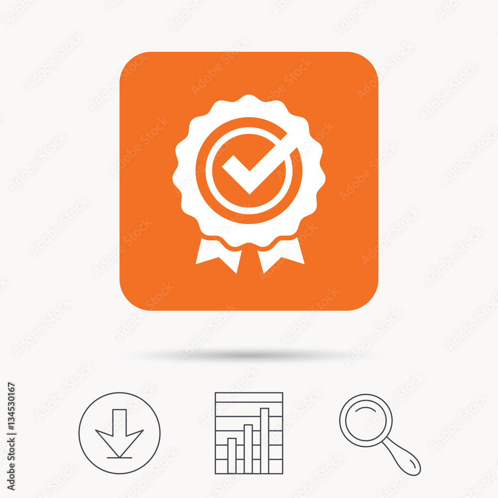 Award medal icon. Winner emblem with tick symbol. Report chart, download and magnifier search signs. Orange square button with web icon. Vector Award medal icon. Winner emblem with tick symbol. Report chart, download and magnifier search signs. Orange square button with web icon. Vector