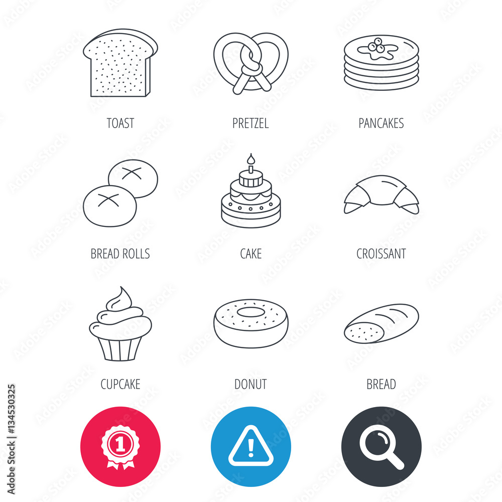 Achievement and search magnifier signs. Croissant, pretzel and bread icons. Cupcake, cake and sweet donut linear signs. Pancakes, toast and bread rolls flat line icons. Hazard attention icon. Vector