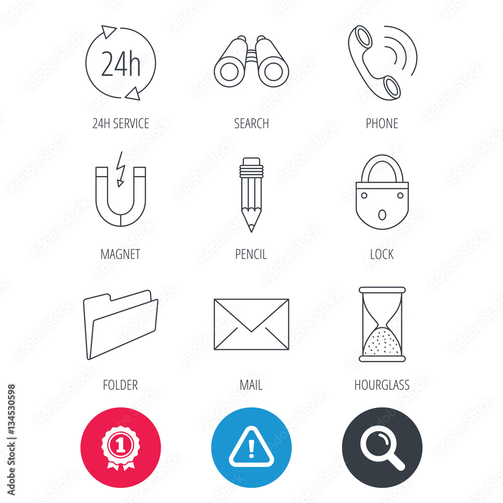 Achievement and search magnifier signs. Phone call, pencil and mail icons. Search, 24h support and folder linear signs. Hourglass, magnet energy flat line icons. Hazard attention icon. Vector Achievement and search magnifier signs. Phone call, pencil and mail icons. Search, 24h support and folder linear signs. Hourglass, magnet energy flat line icons. Hazard attention icon. Vector