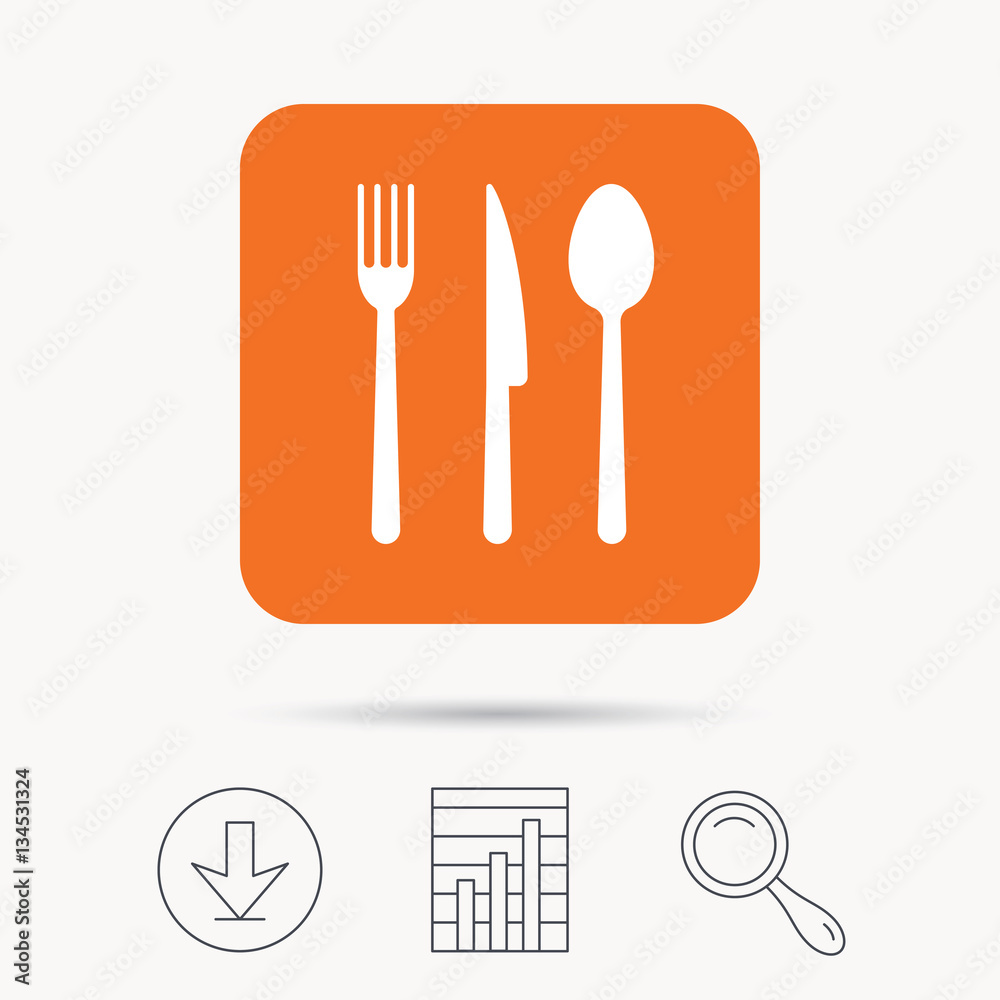 Fork, knife and spoon icons. Cutlery symbol. Report chart, download and magnifier search signs. Orange square button with web icon. Vector Fork, knife and spoon icons. Cutlery symbol. Report chart, download and magnifier search signs. Orange square button with web icon. Vector