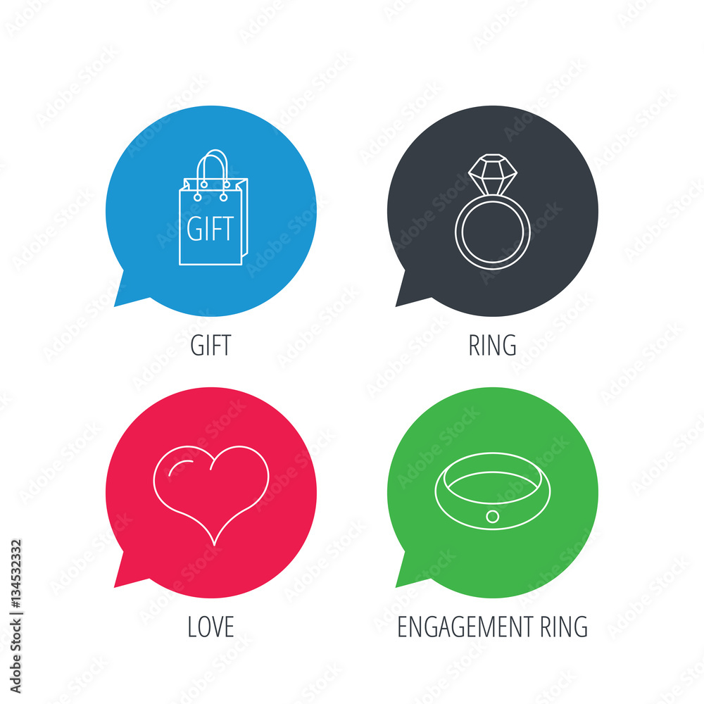 Colored speech bubbles. Love heart, gift bag and wedding ring icons. Engagement ring linear sign. Flat web buttons with linear icons. Vector