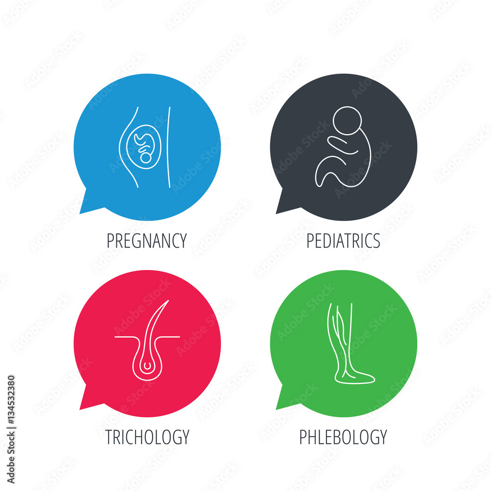 Colored speech bubbles. Pregnancy, pediatrics and phlebology icons. Trichology, vein varicose linear signs. Flat web buttons with linear icons. Vector Colored speech bubbles. Pregnancy, pediatrics and phlebology icons. Trichology, vein varicose linear signs. Flat web buttons with linear icons. Vector