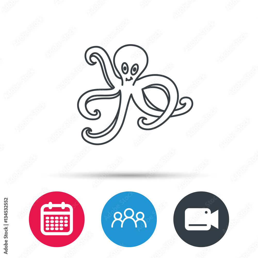 Octopus icon. Ocean devilfish sign. Group of people, video cam and calendar icons. Vector Octopus icon. Ocean devilfish sign. Group of people, video cam and calendar icons. Vector