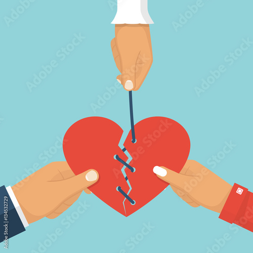 Reconciliation concept. Cupid couple reconciles, rope connecting a broken heart. Restore love. Abstract vector illustration flat design. Isolated on background. Red broken heart in hands men and women