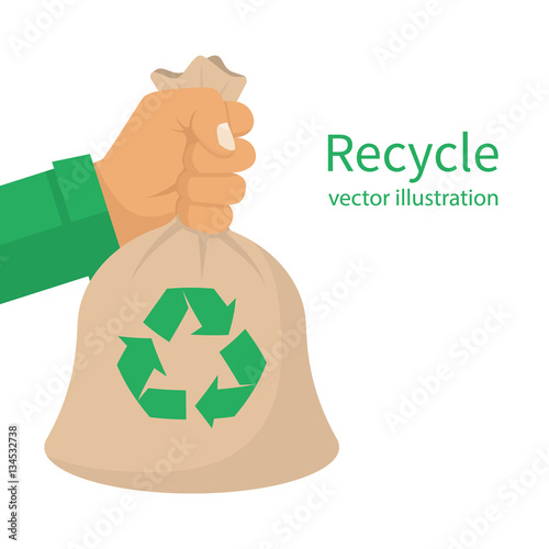 Recycle bag hold hand man. Vector illustration flat design. Isolated on white background. Recycling concept. Environment protection.