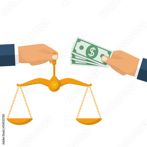 Corrupt judgment concept. Bribery judge. Corruption. Businessman gives money, judge holding scales of justice. Vector illustration flat style design. Isolated on white background. Pay law.