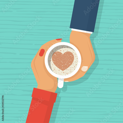 Couple in love women and man holding cup coffee with chocolate heart shape symbol. Happy Valentine's Day. Vector illustration flat design. Template for greeting card. Isolated on wooden background.