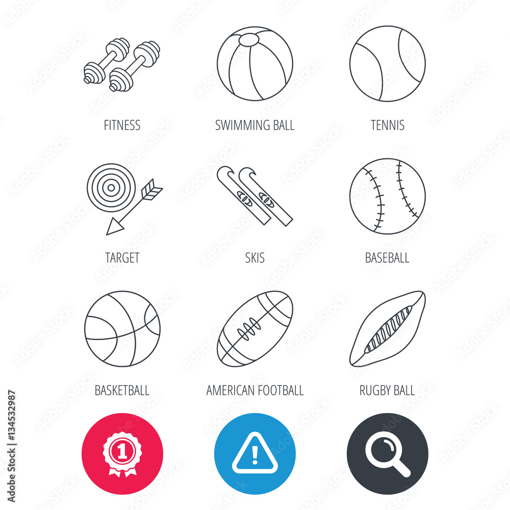 Achievement and search magnifier signs. Sport fitness, tennis and basketball icons. Baseball, skis and American footbal signs. Rugby, swimming or pilates ball icons. Hazard attention icon. Vector