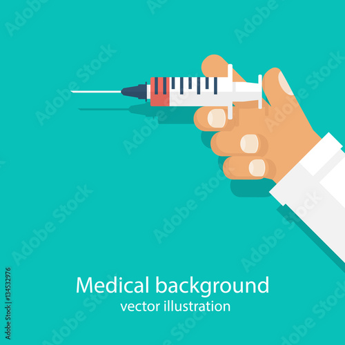 Syringe in doctor hand. Flu shot  vaccination. Injection syringe. Medicine healthcare concept. Vector illustration flat style design. Medical background. Treatment poster immunization.