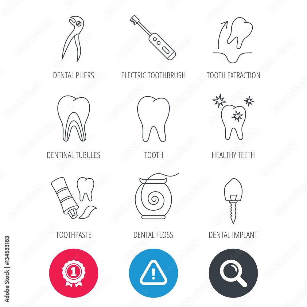 Achievement and search magnifier signs. Tooth extraction, electric toothbrush icons. Dental implant, floss and dentinal tubules linear signs. Toothpaste icon. Hazard attention icon. Vector