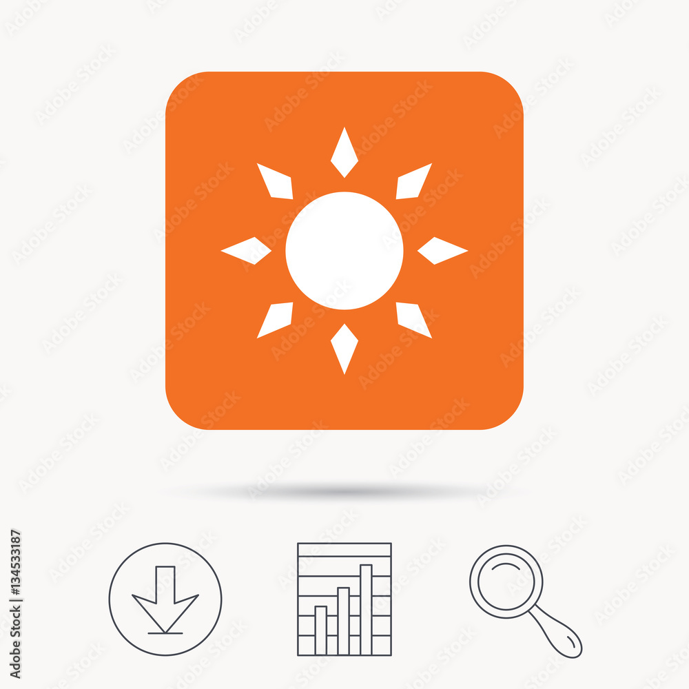 Sun icon. Sunny weather symbol. Report chart, download and magnifier search signs. Orange square button with web icon. Vector Sun icon. Sunny weather symbol. Report chart, download and magnifier search signs. Orange square button with web icon. Vector