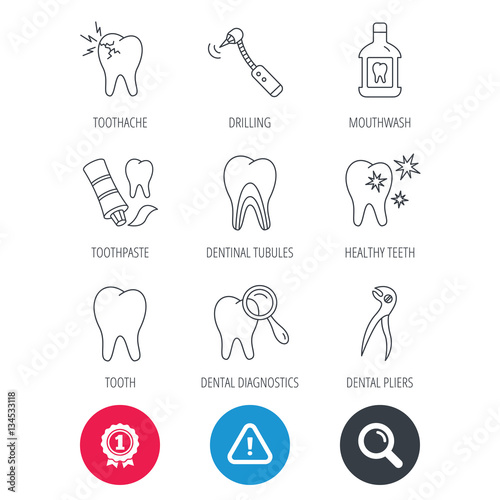 Achievement and search magnifier signs. Tooth, stomatology and toothache icons. Mouthwash, dental pliers and diagnostics linear signs. Dentinal tubules, drilling icons. Hazard attention icon. Vector